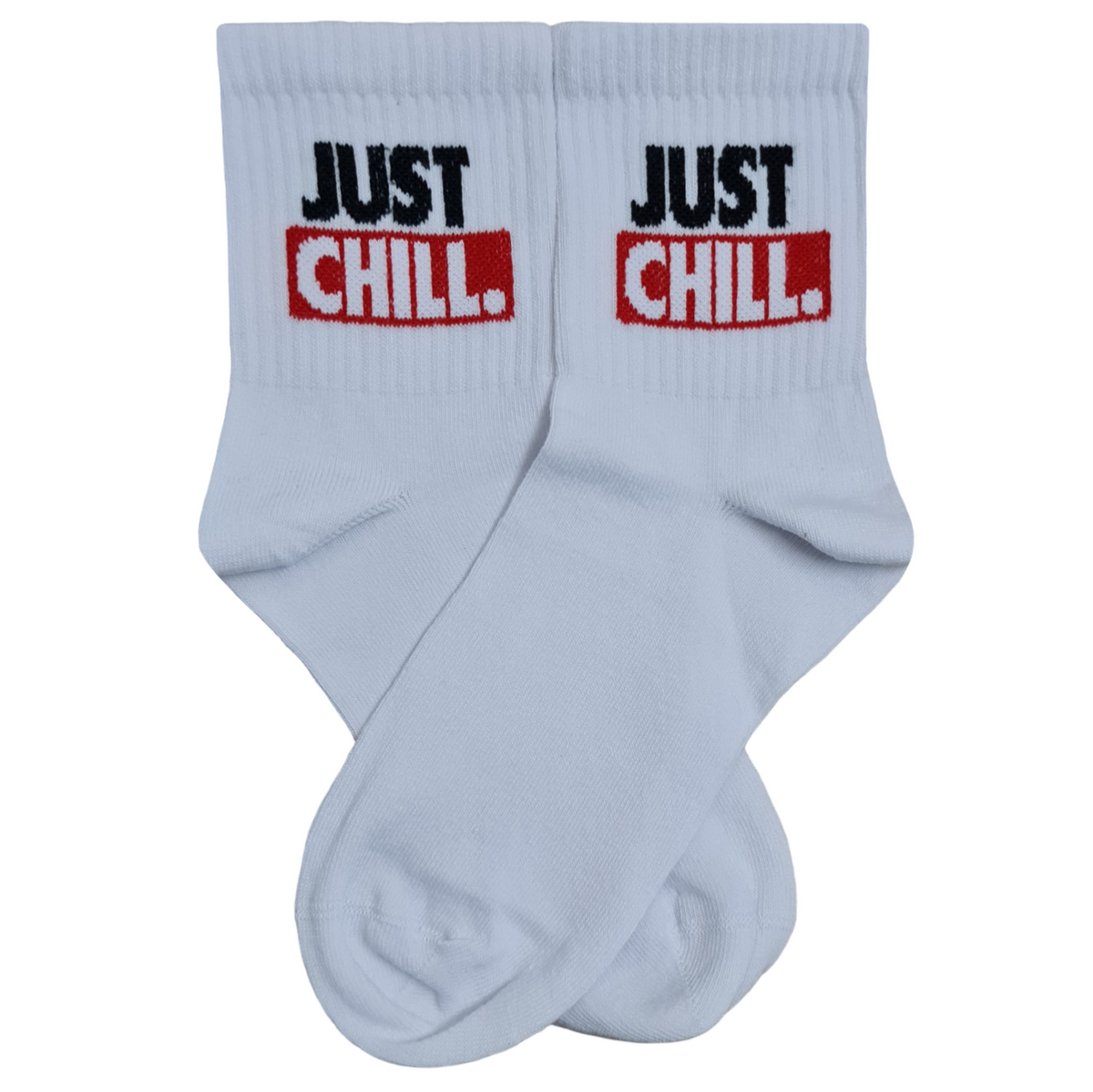 White quarter crew socks featuring a black and red "JUST CHILL." graphic printed on the ribbed upper cuff.