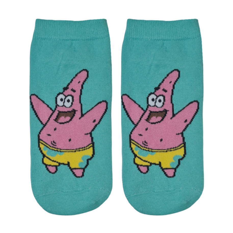 Short socks with cartoon character called Patrick Star design on a green background