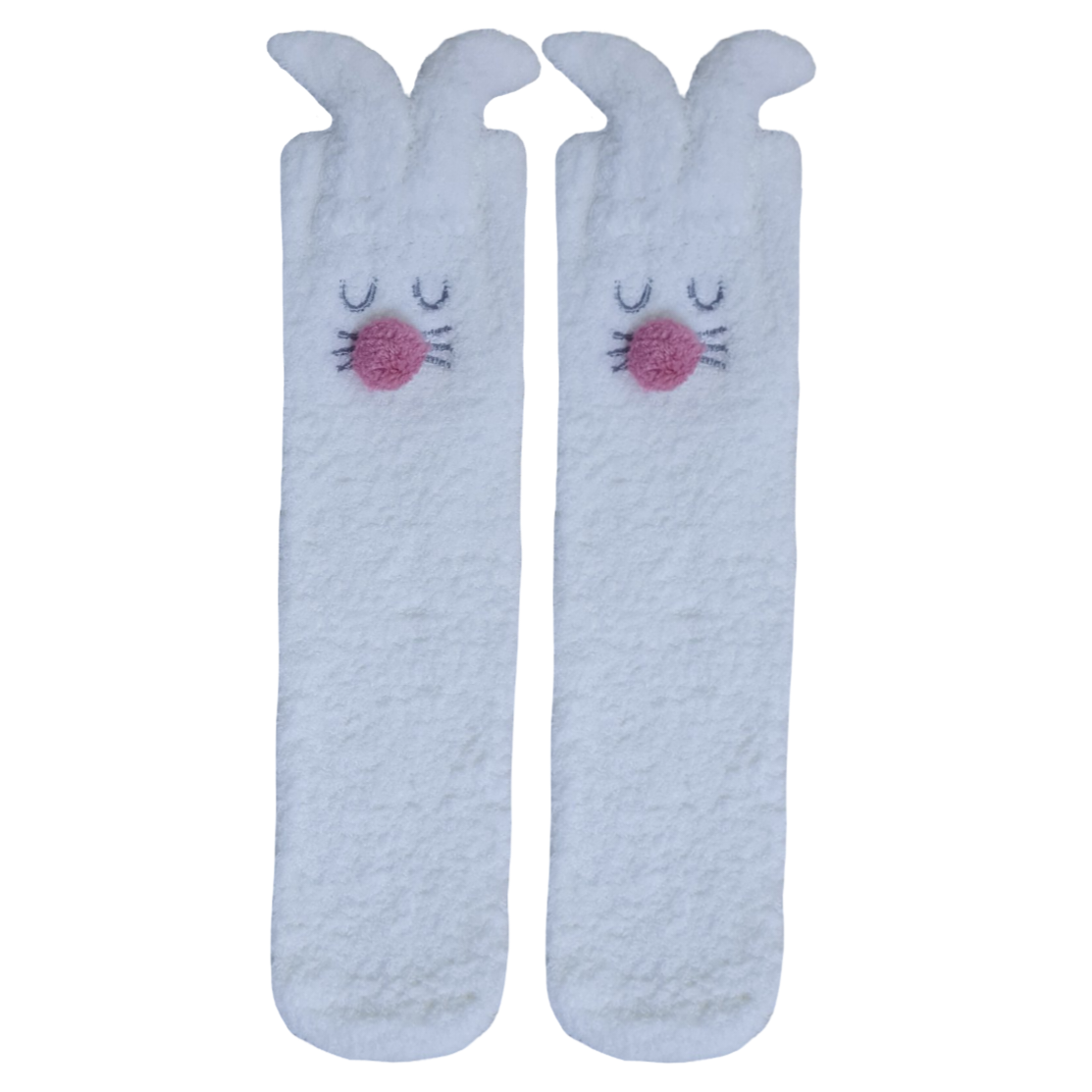A pair of white socks with fluffy texture, featuring cartoonish rabbit ears and facial expressions on the front.