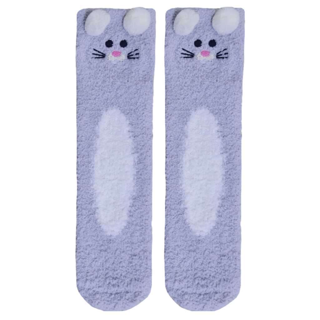 A pair of gray socks designed to look like a mouse, with white paws and face features.