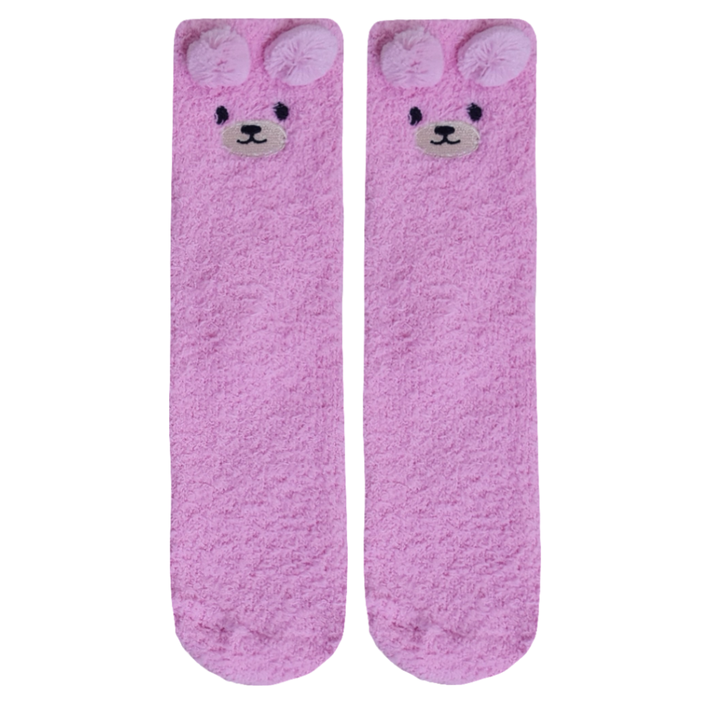 Pair of pink bunny socks with ears on a white background