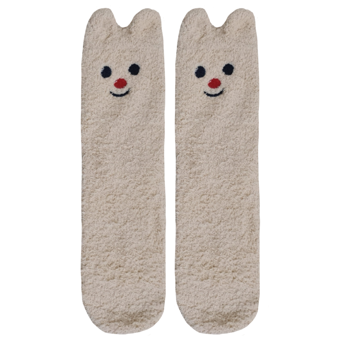 A pair of beige, fluffy socks designed to look like bears with facial features and red noses.