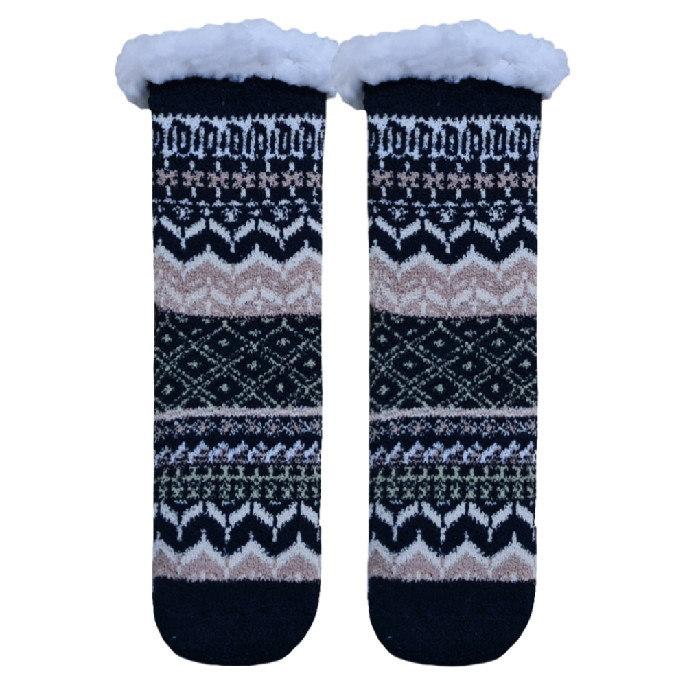 A pair of socks with a tribal pattern, predominantly in black and white colors, with a fluffy cuff.