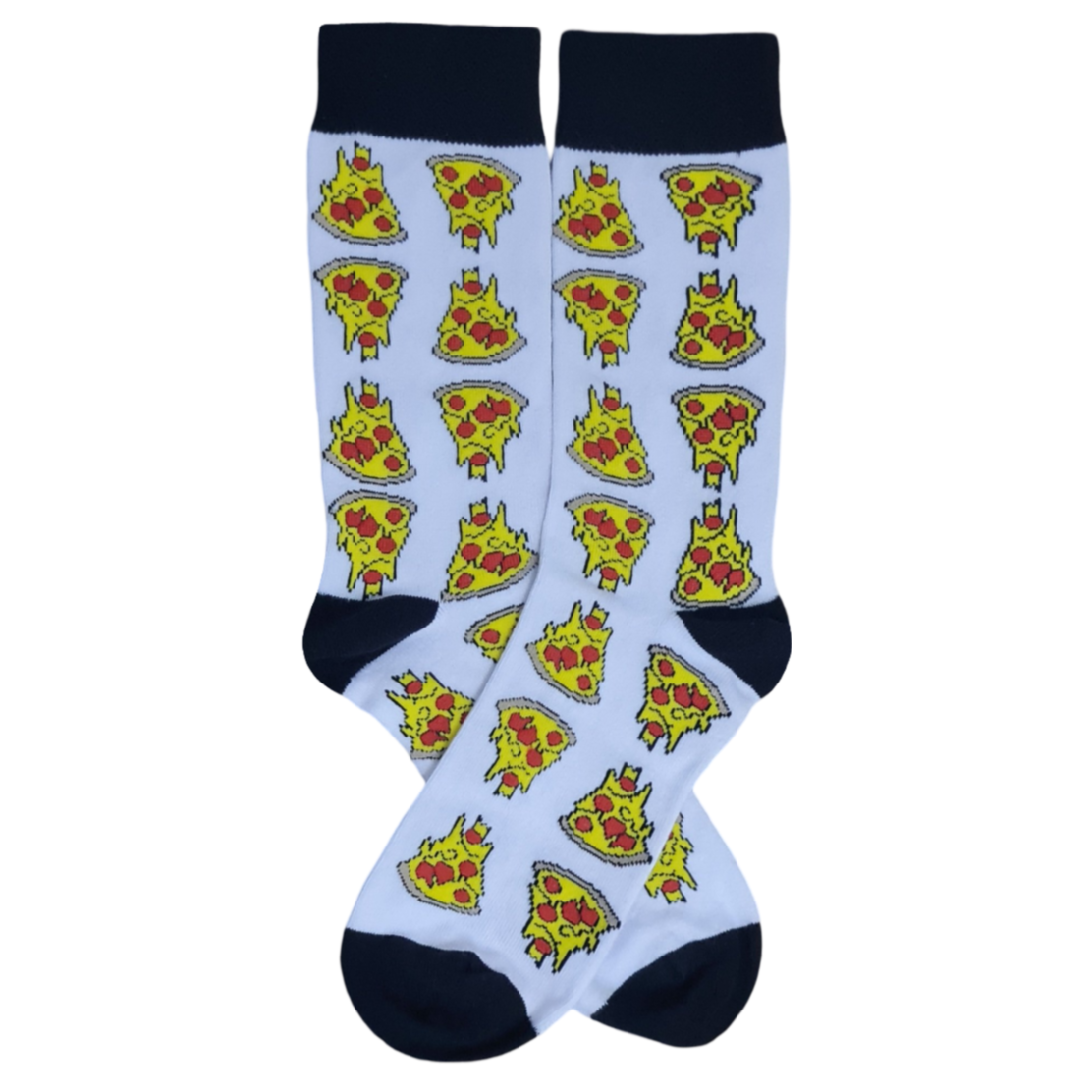 A pair of white socks with pizza designs and a bright yellow background.