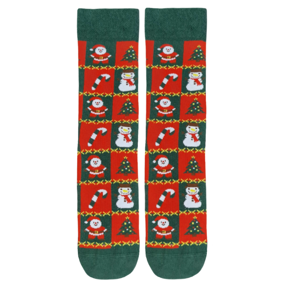 Pair of Christmas-themed socks with Santa Claus, snowmen, and trees on a green background.