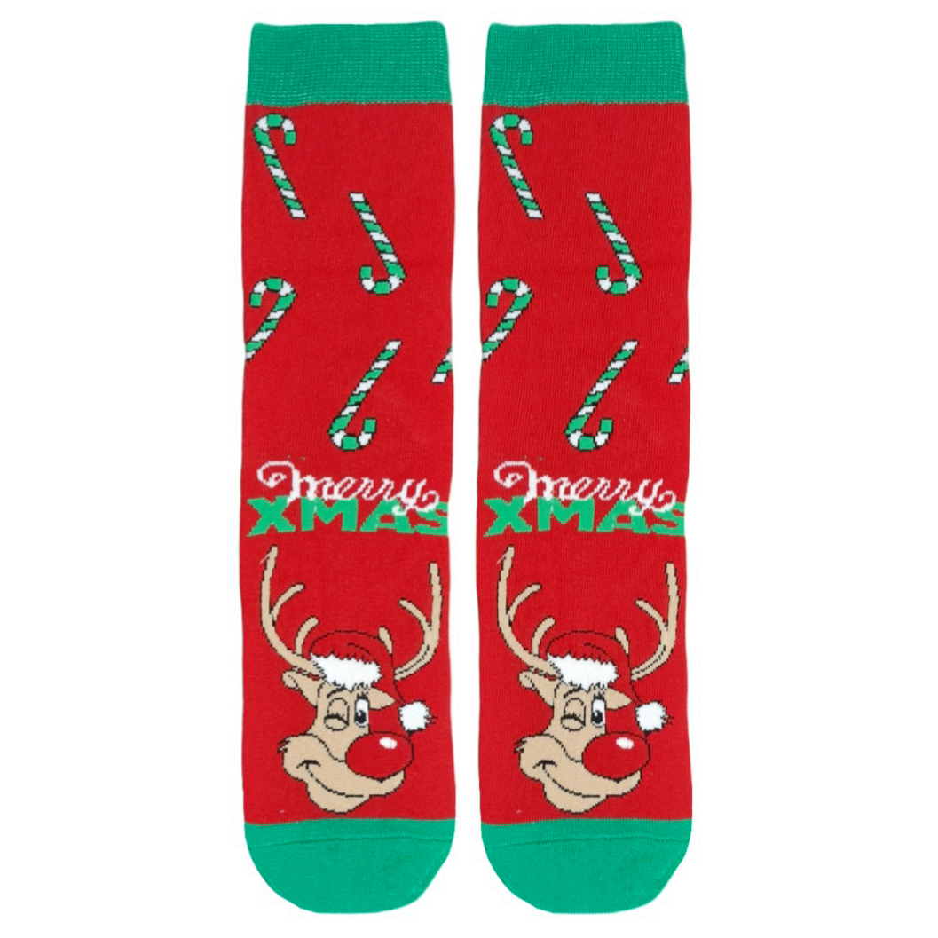 Red Christmas-themed socks with reindeer faces, candy canes, and 'Merry XMAS' text on a white background.