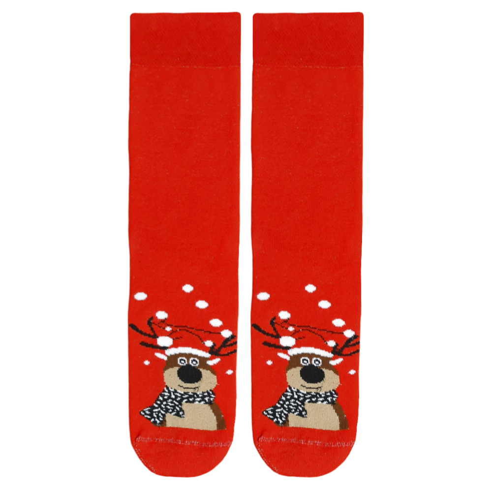 Red socks with reindeer design on a white background