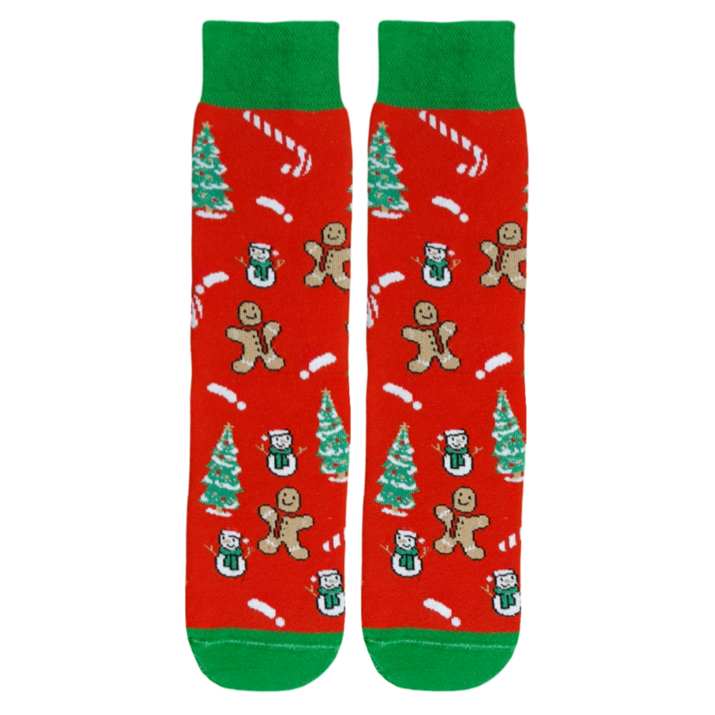 Red socks with Christmas-themed patterns on a white background