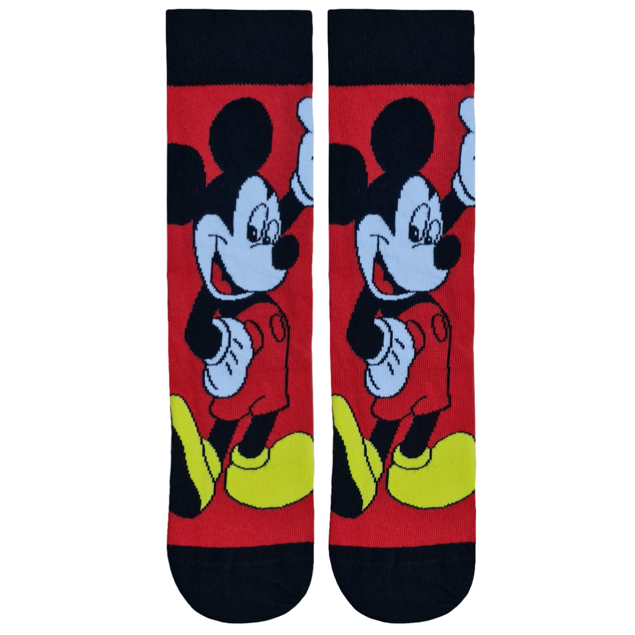 Classic Mickey Mouse red crew socks with black cuffs and toes featuring a full-body vintage Mickey Mouse illustration.