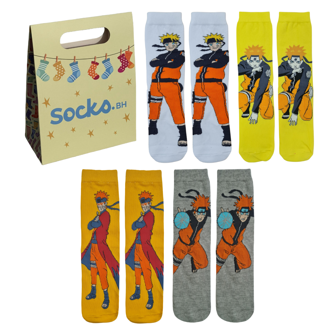 4-pack Naruto Shippuden character crew socks collection featuring Naruto Uzumaki in multiple battle poses with custom gift bag from Socko BH.