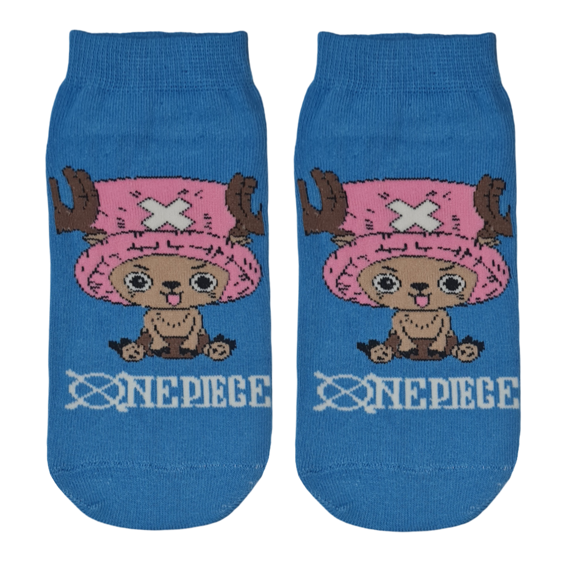 Blue socks with a cartoon character Chopper Man from 'One Piece' anime branding on a blue background