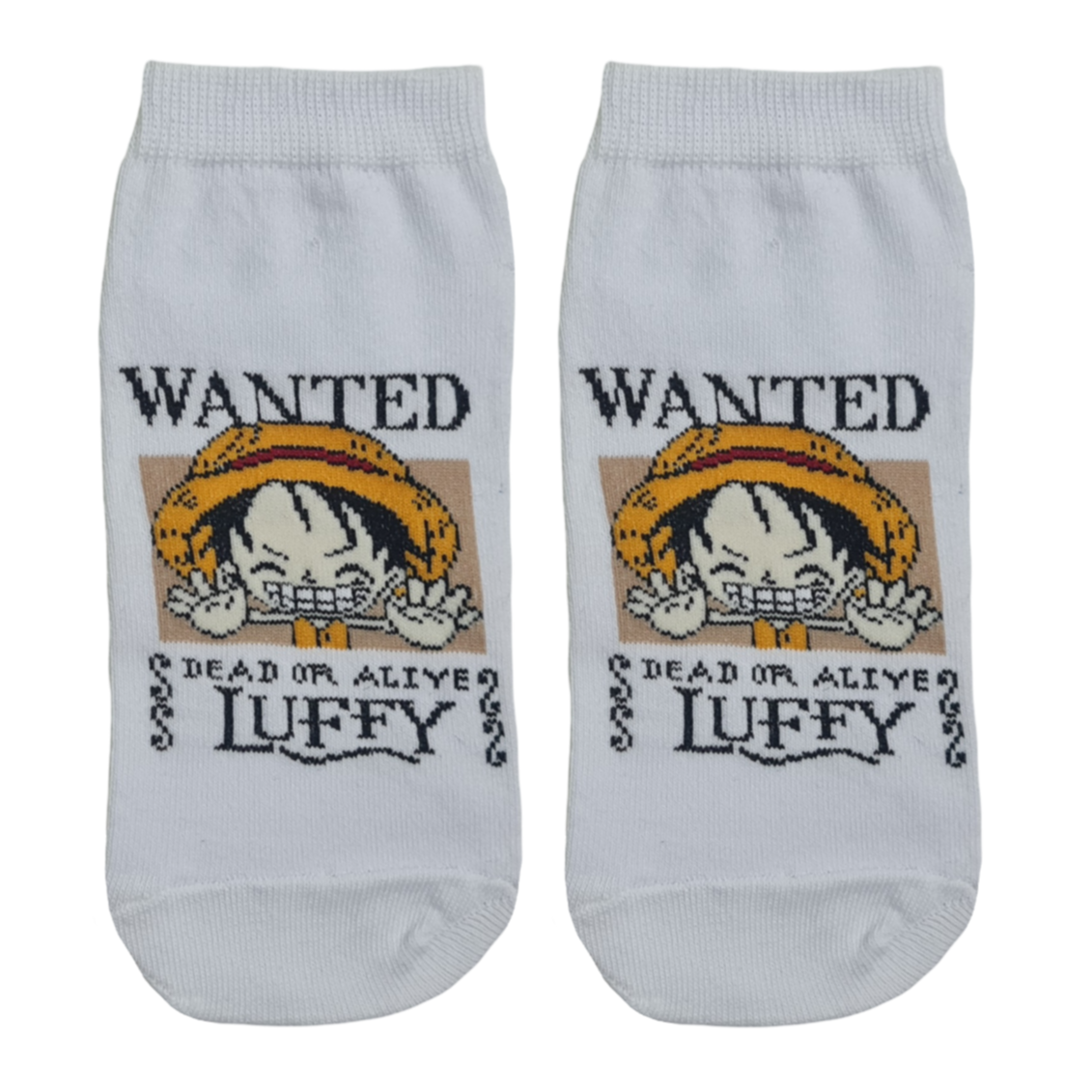 White socks with a 'Wanted' design featuring a character's face 'Luffy' and text on a white background.