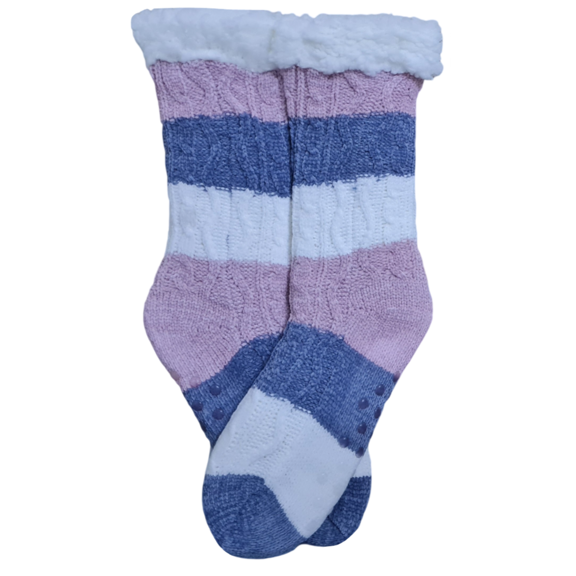 Pair of striped socks with grey, purple, and white colors on a white background