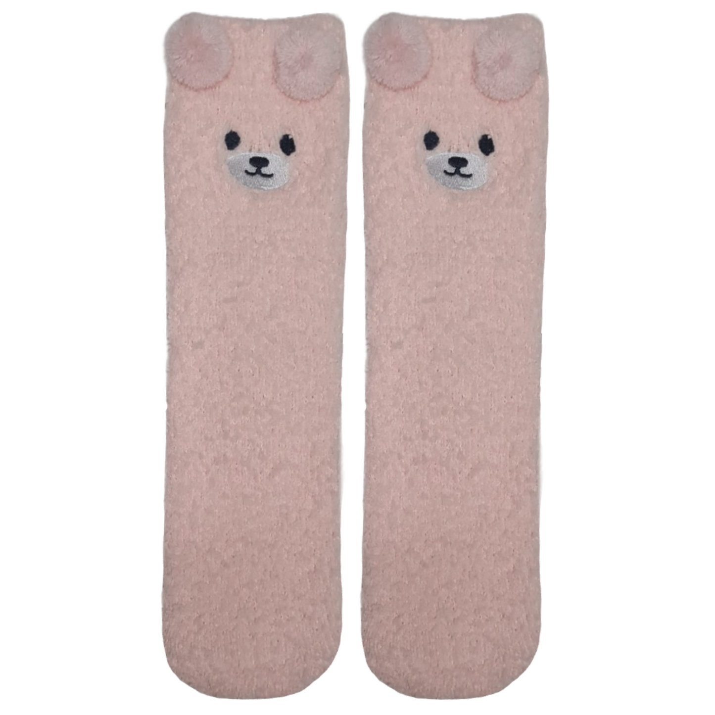 Pair of pink socks with bear face design on a pink background