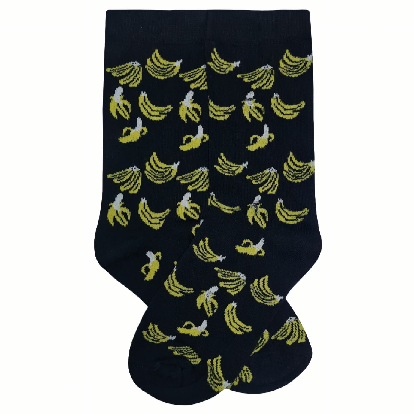 Black sock with yellow banana pattern on a white background