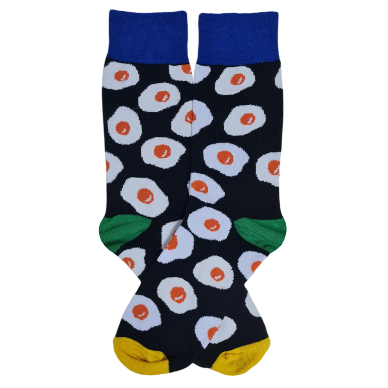 Black crew socks featuring an all-over fried egg pattern with blue cuffs, green heels, and yellow toes.
