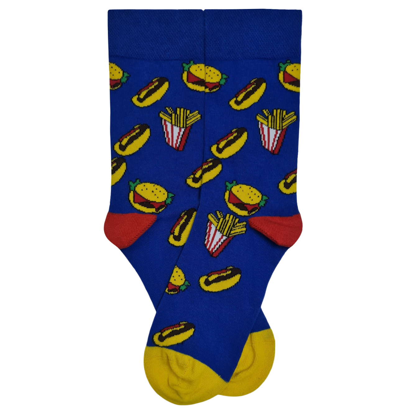 Blue sock with fast food pattern on a white background