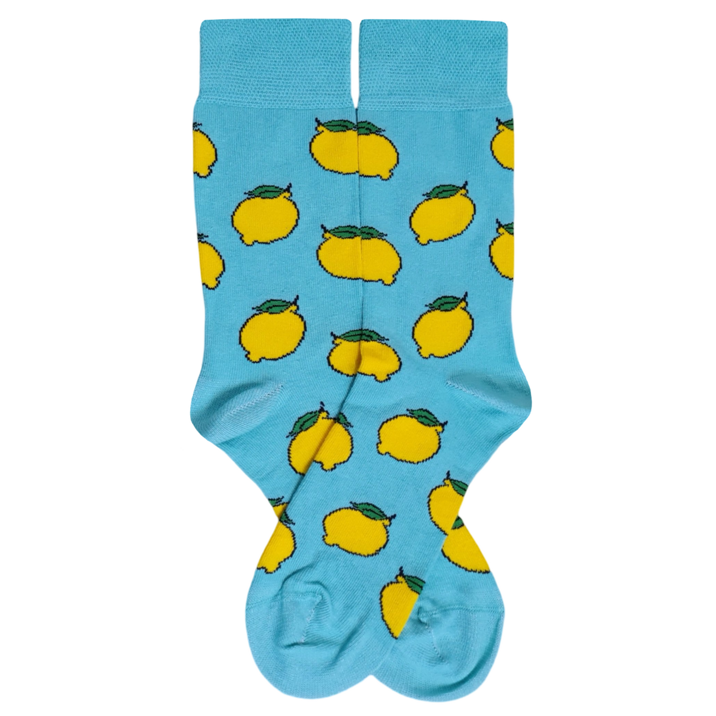 Light teal-green crew socks featuring an all-over pattern of bright yellow lemons with small green leaves.