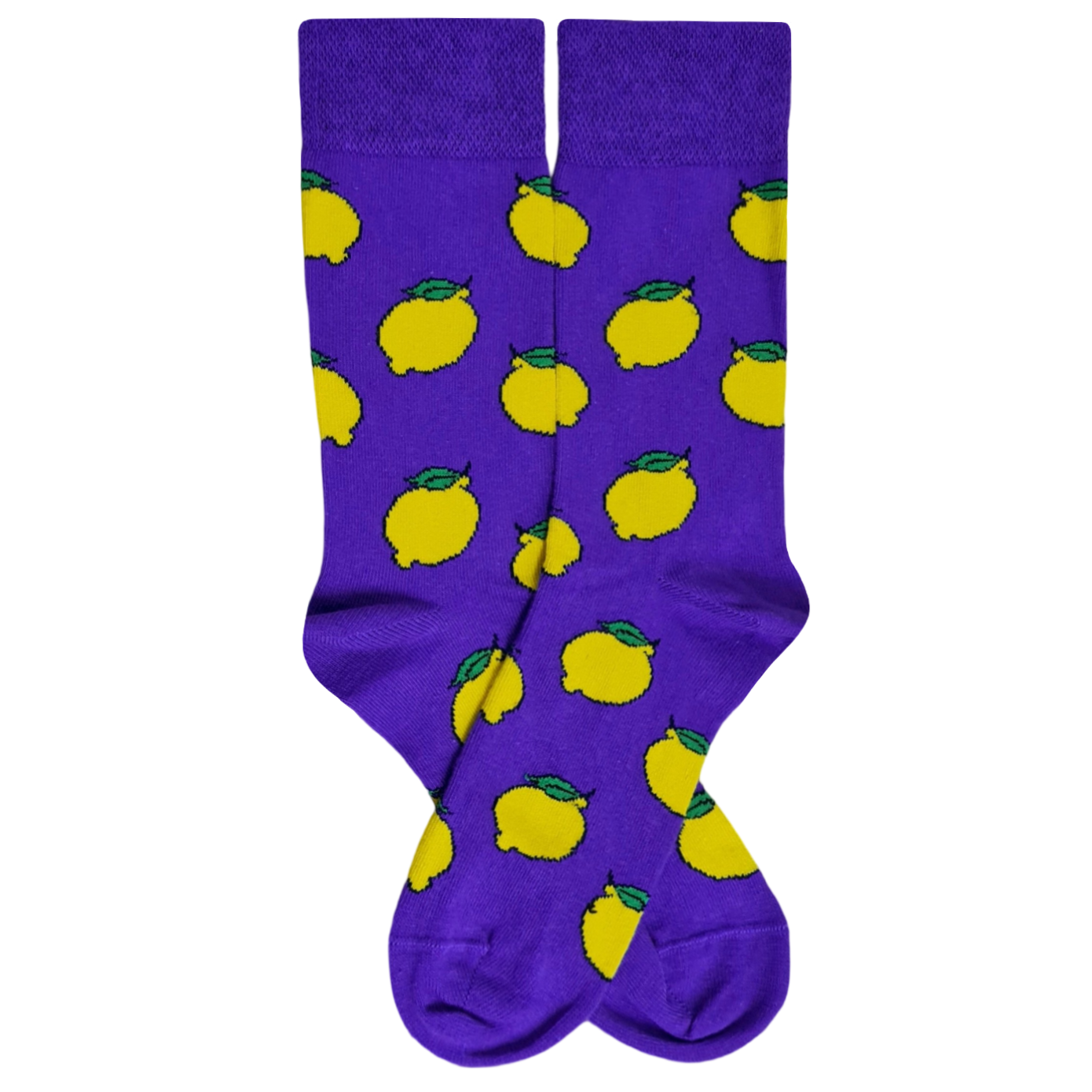 Vibrant purple crew socks featuring an all-over pattern of bright yellow lemons with green leaves.