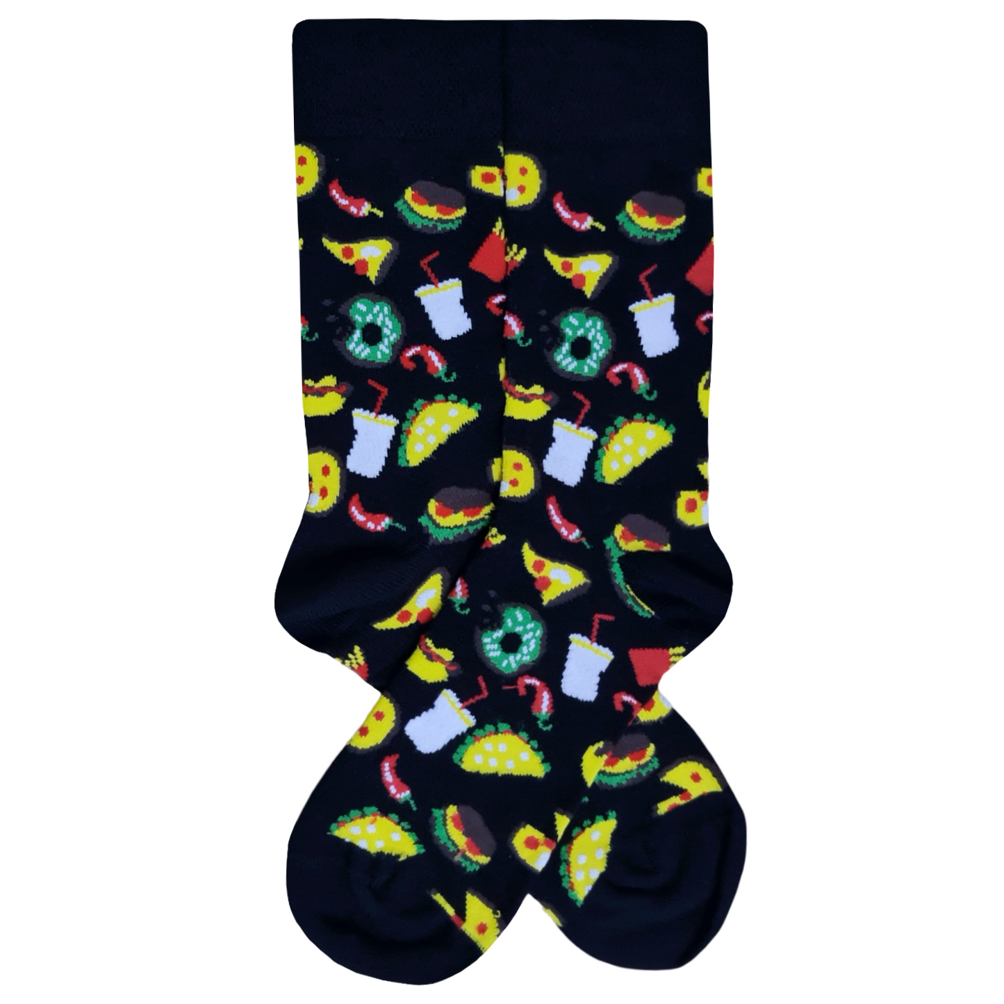 Black crew socks featuring a colorful all-over pattern of burgers, pizza slices, tacos, donuts, fries, and soft drinks.