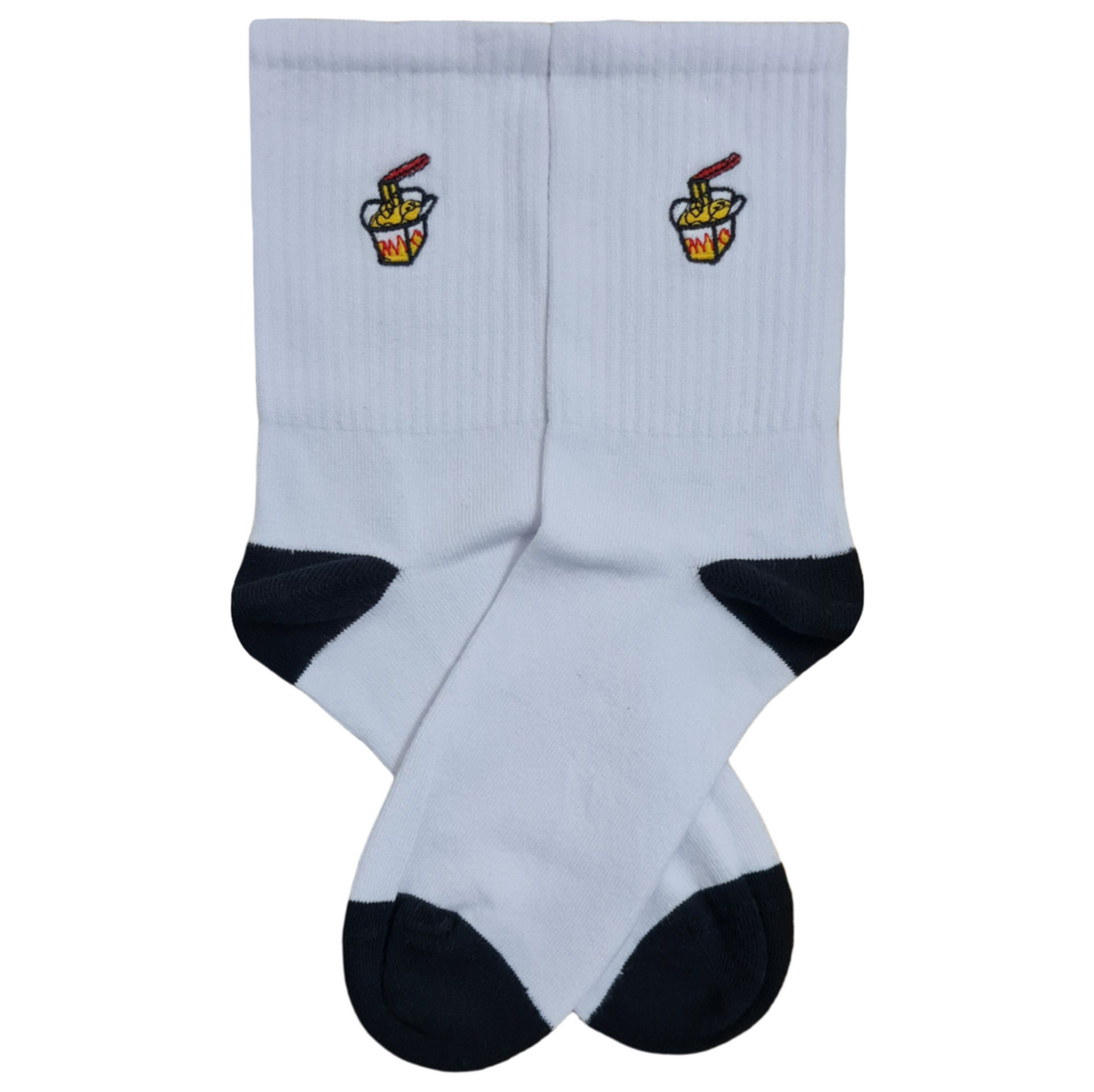 White crew socks with a small embroidered takeout box of noodles and chopsticks on the upper cuff.