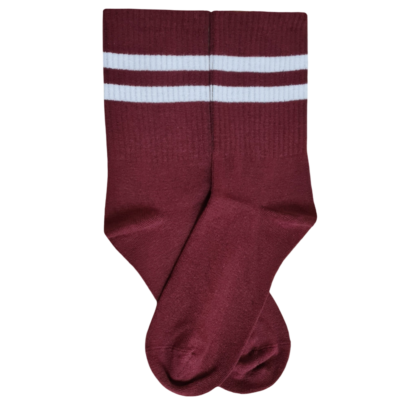 Maroon sock with two white stripes on a white background