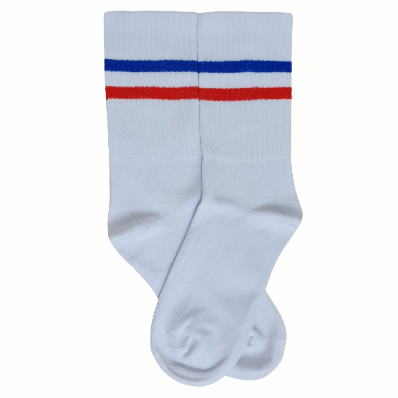 White socks with red and blue stripes on a white background