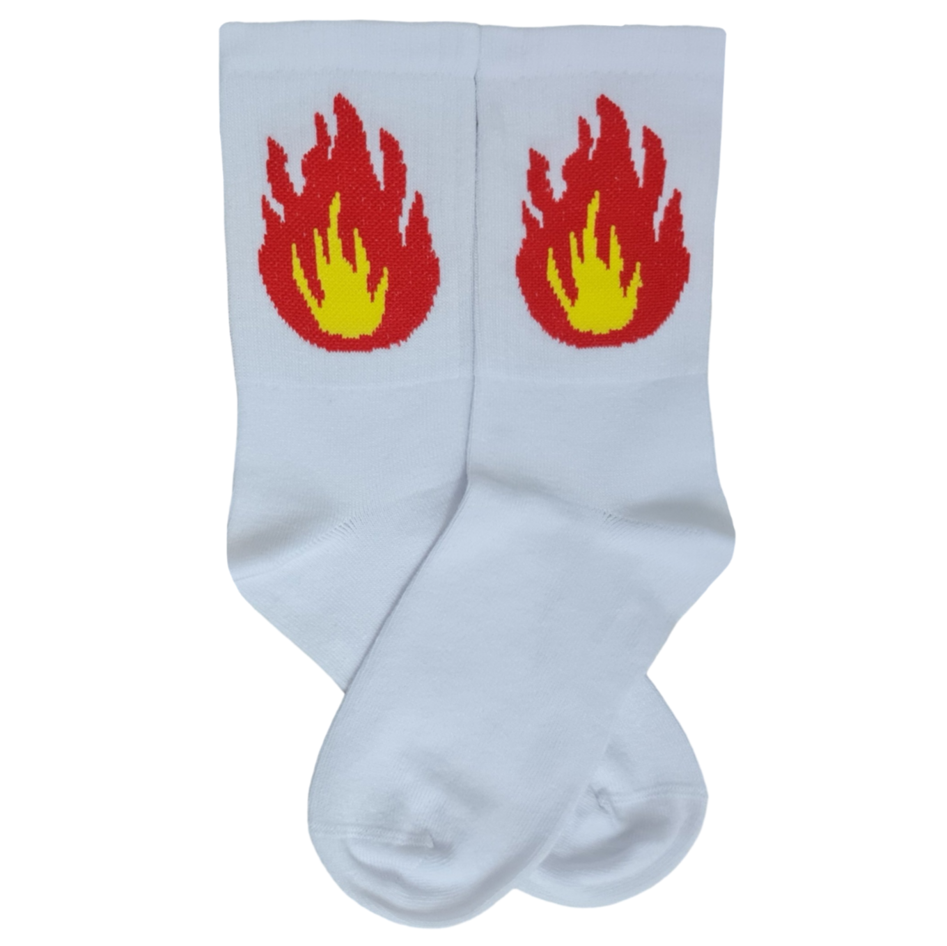 White socks with red flame design on a white background