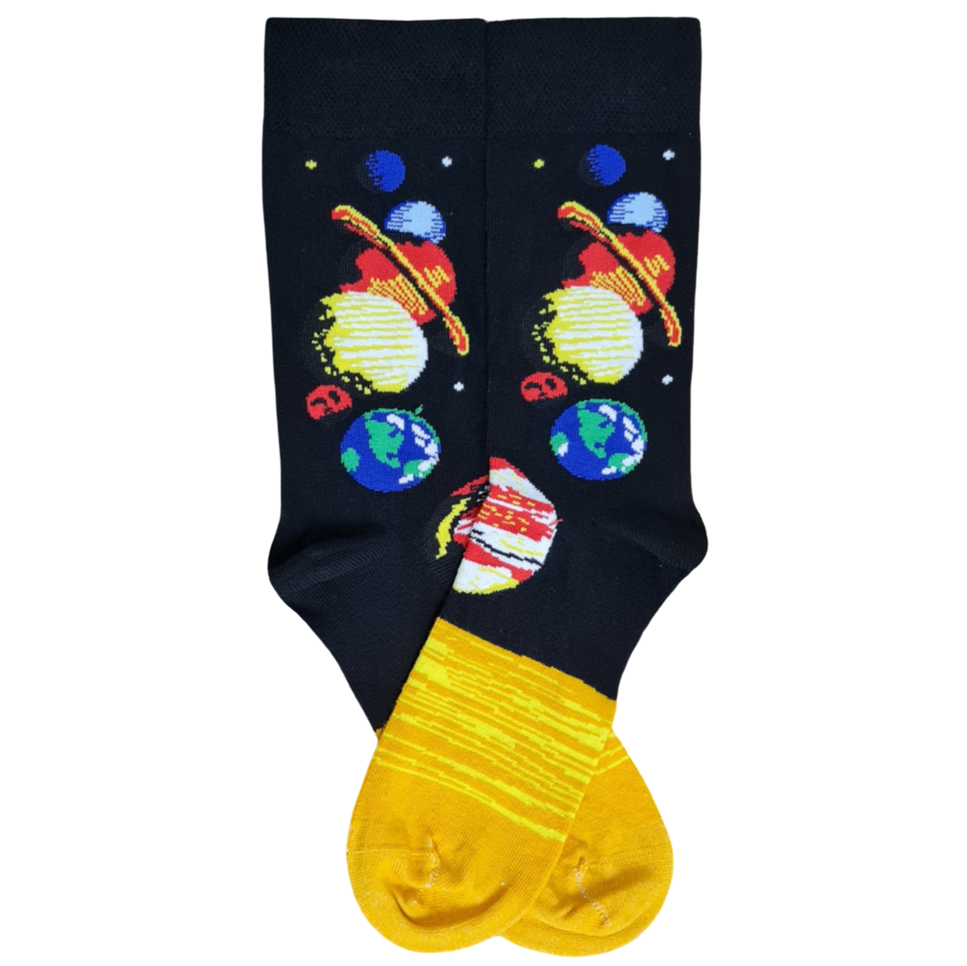 Socks with space-themed design featuring planets and stars on a black background.