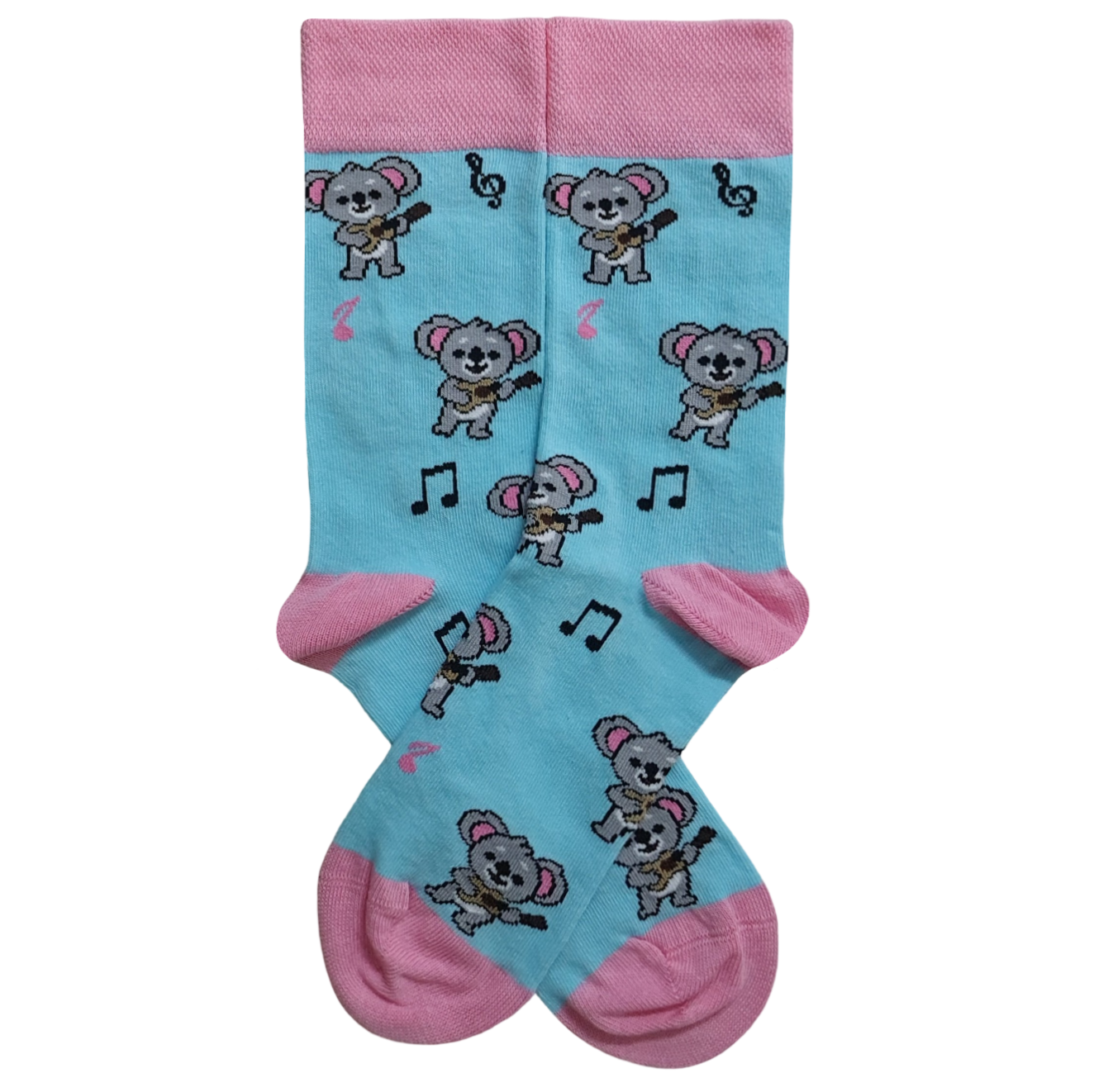 Musical Socks with koala design on a light blue background