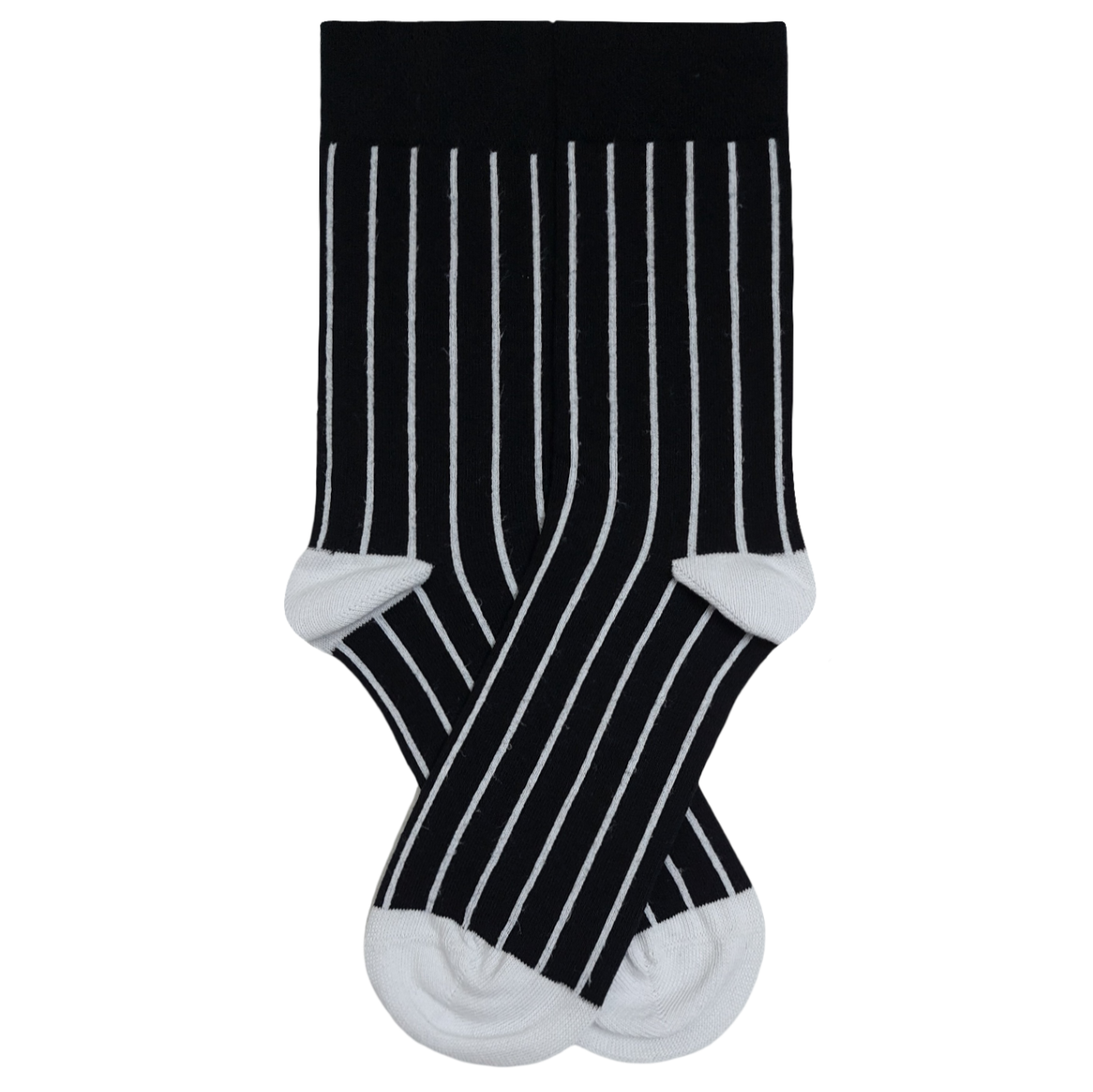 Pair of black crew socks featuring thin vertical white pinstripes with a solid black cuff and white heel and toe accents.