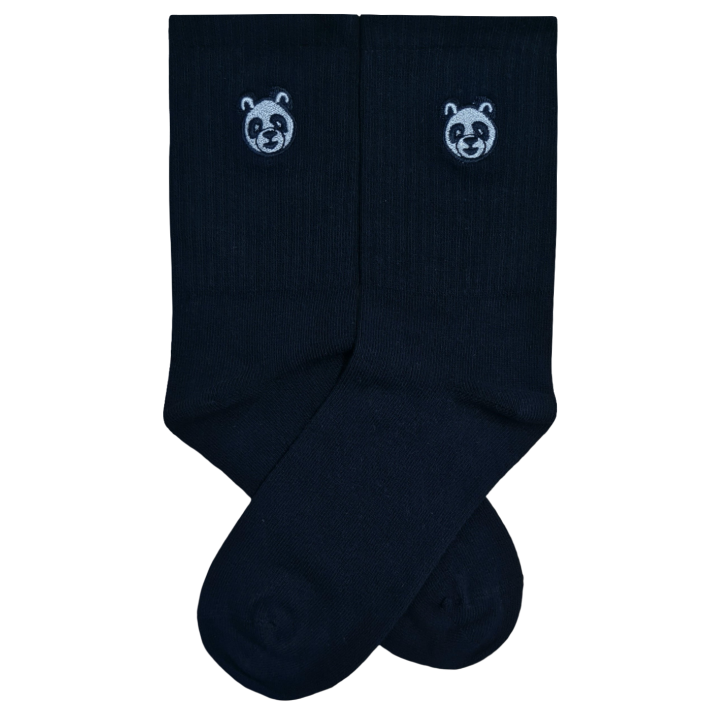 Black crew socks featuring a small, white embroidered panda face near the ribbed cuff.