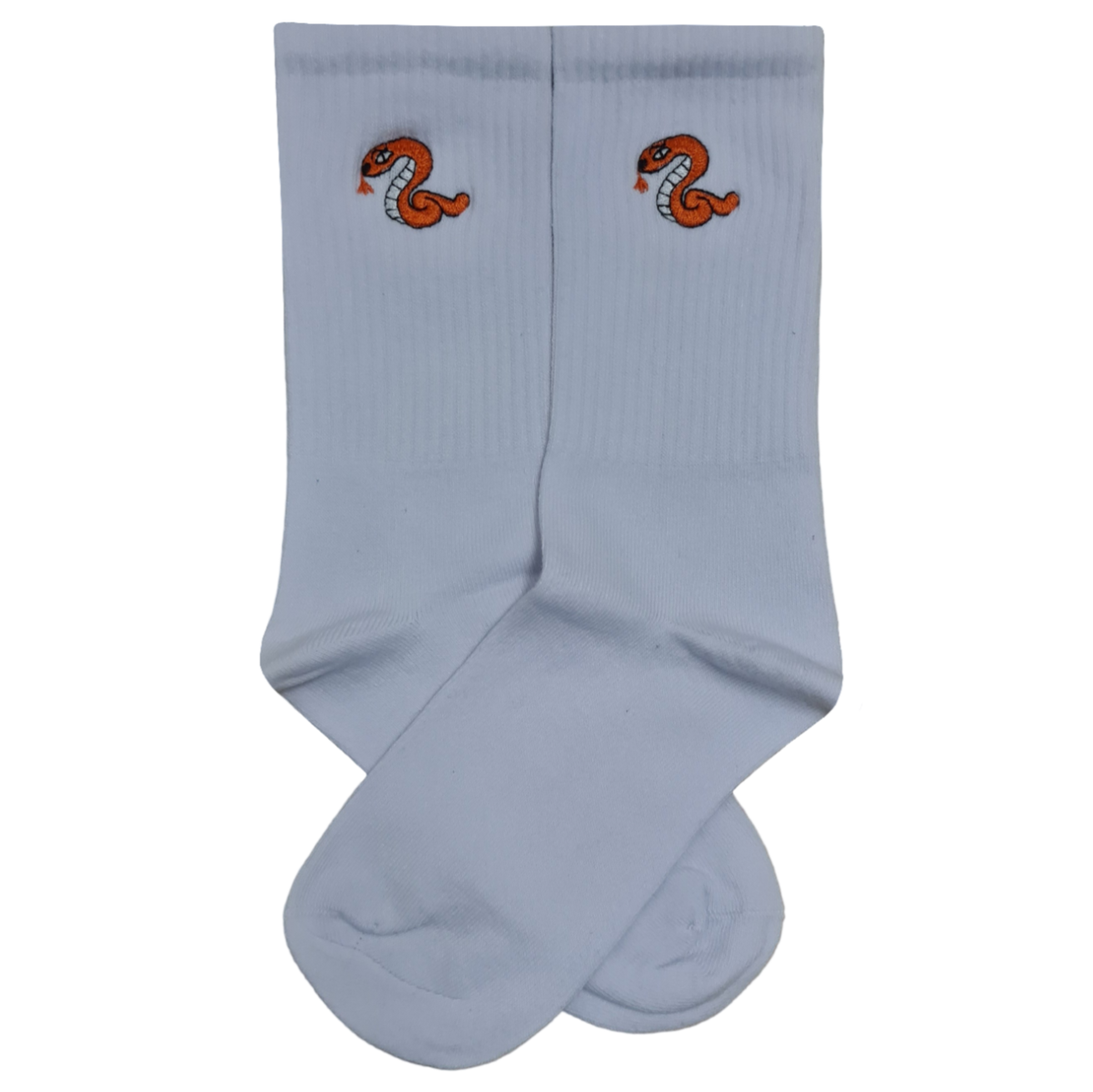 White ribbed crew socks featuring a small, detailed orange and black embroidered snake coiled near the cuff.