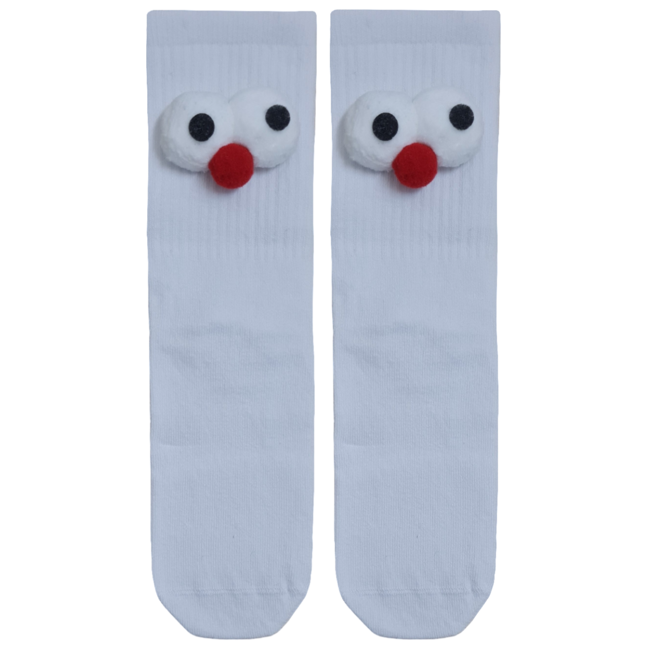 A pair of white mid-calf tube socks featuring cute 3D plush cartoon eyes and a round red pom-pom nose on the upper ribbing.