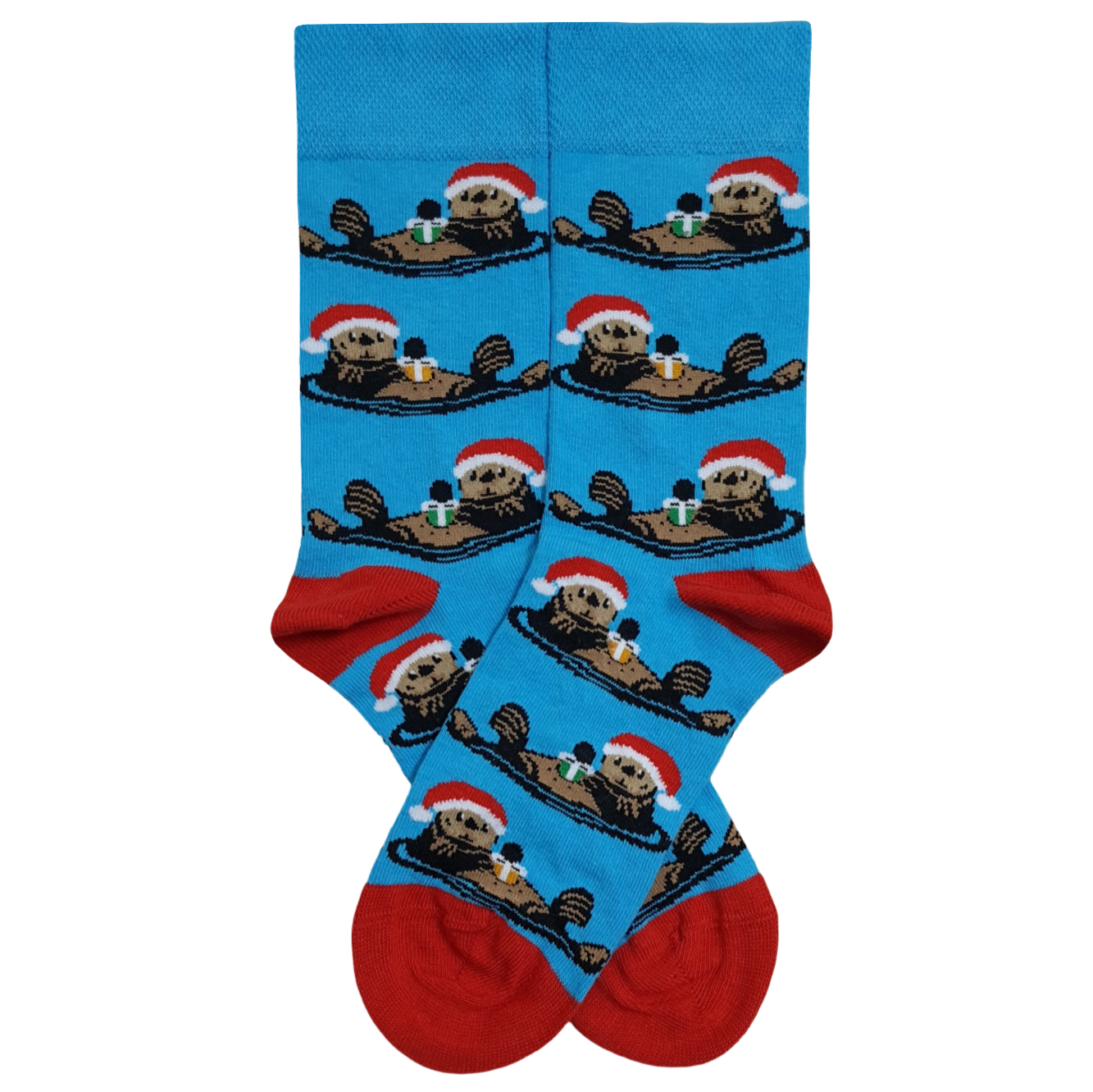 Festive blue crew socks featuring cute sea otters wearing red Santa hats and holding Christmas presents.