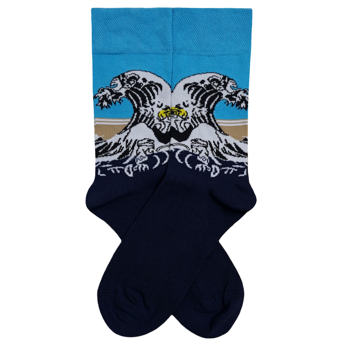 The Great Wave off Kanagawa artistic print socks featuring a split ocean wave design with a bright blue sky and deep navy blue heels and toes.