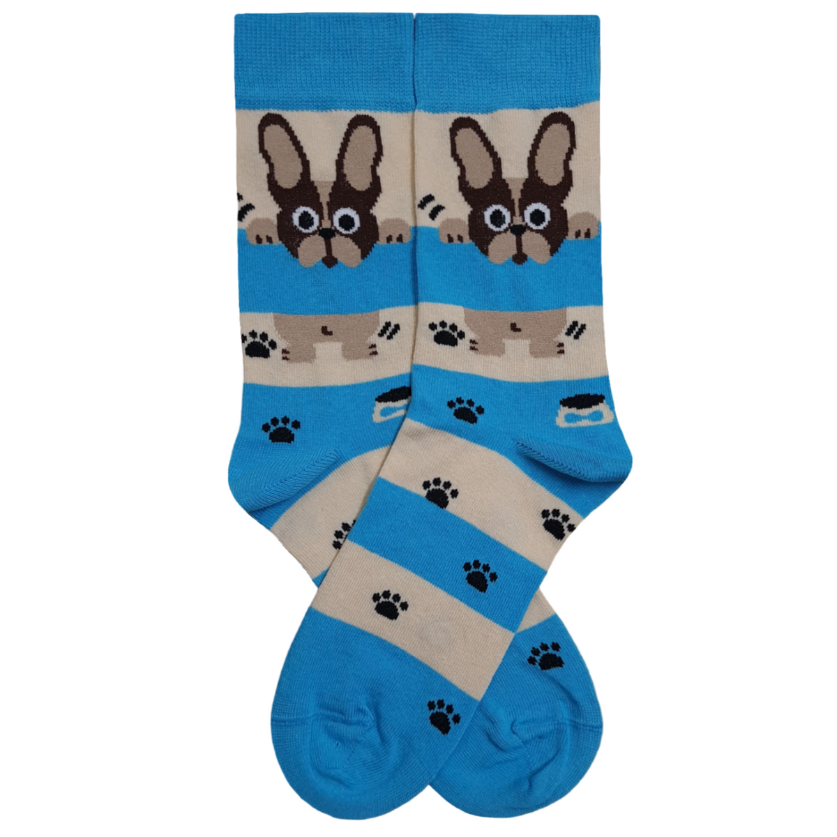 A pair of blue and beige striped crew socks featuring a cartoon French Bulldog design with big ears, a collar, and black paw prints scattered across the fabric.