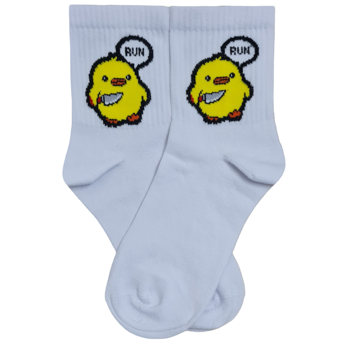 White quarter crew socks featuring a cute yellow cartoon duck with a speech bubble that says RUN.