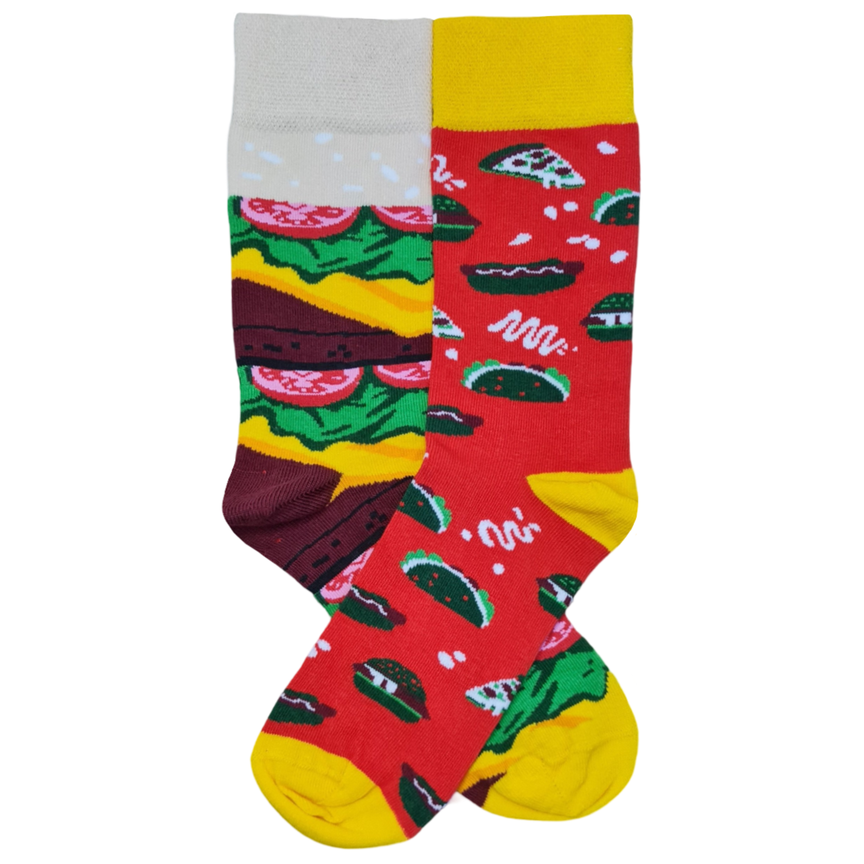 A pair of socks with one featuring a pattern of hamburgers and the other with a pattern of hot dogs, both in vibrant colors.