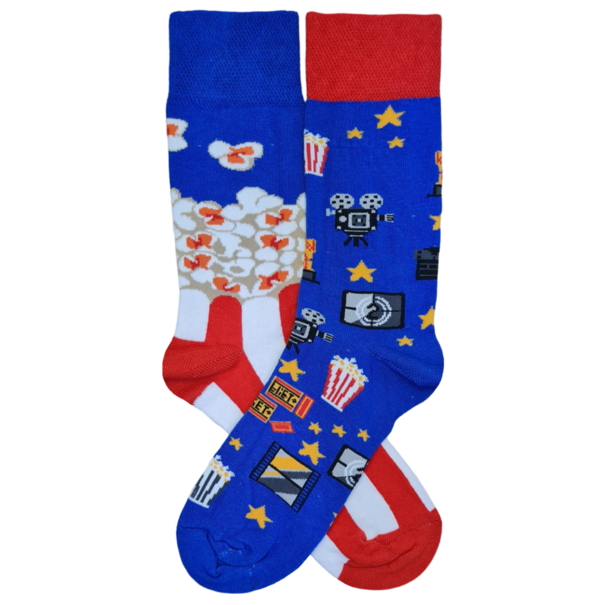A pair of colorful socks with patterns including popcorns, stars, and film reels.