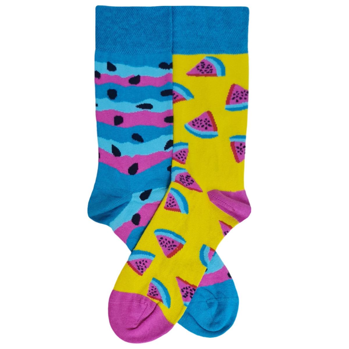 A pair of mismatched socks, one with a green background and Black watermelon seeds, and the other with a yellow background featuring watermelon slices.