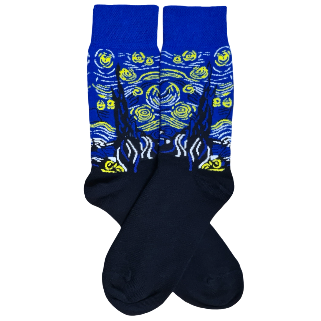 A pair of socks with a printed design resembling the 'Starry Night' painting, featuring blue and yellow patterns.