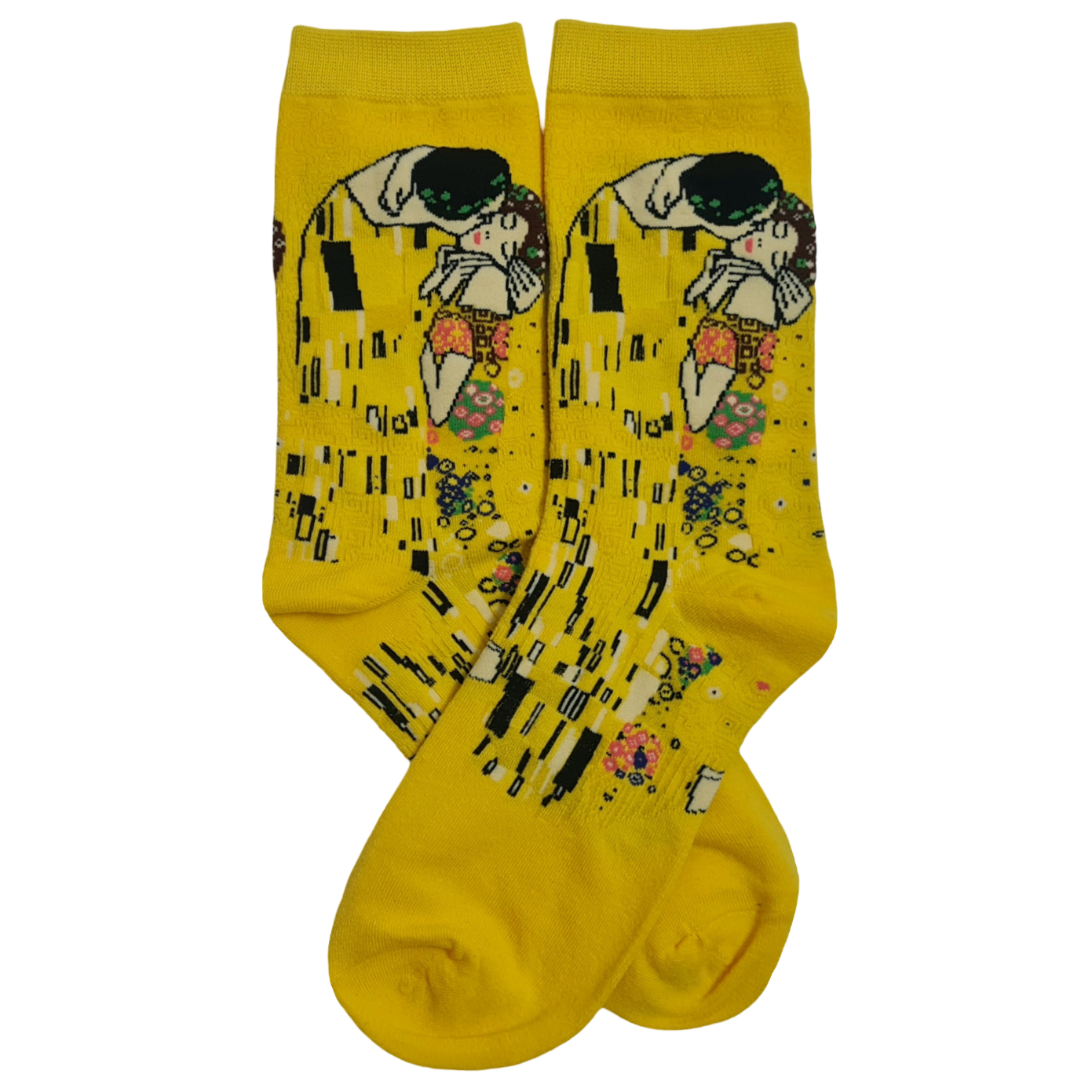 A pair of yellow socks featuring a printed design resembling a famous painting with abstract shapes and characters.