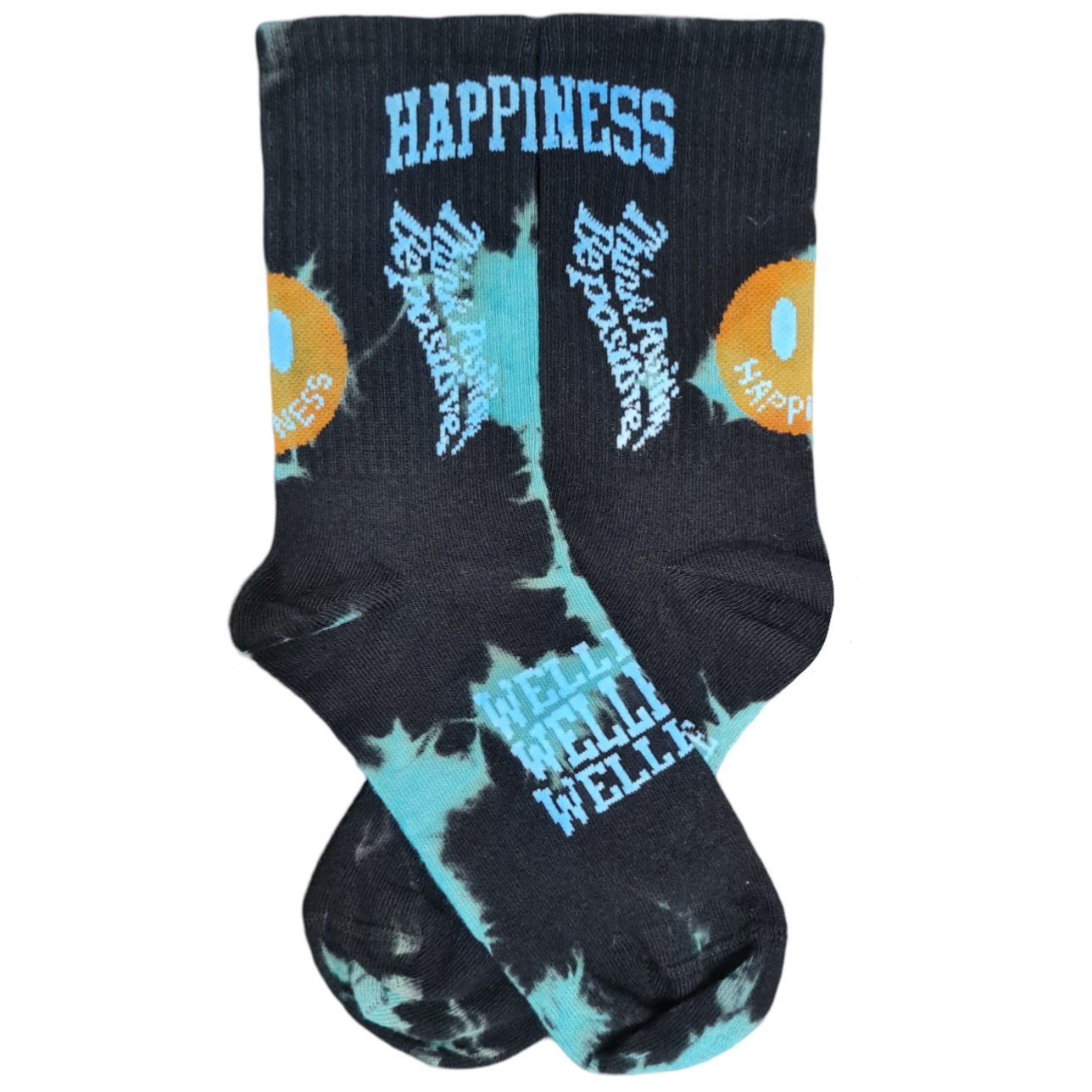 Black and blue tie-dye socks with text on a white background
