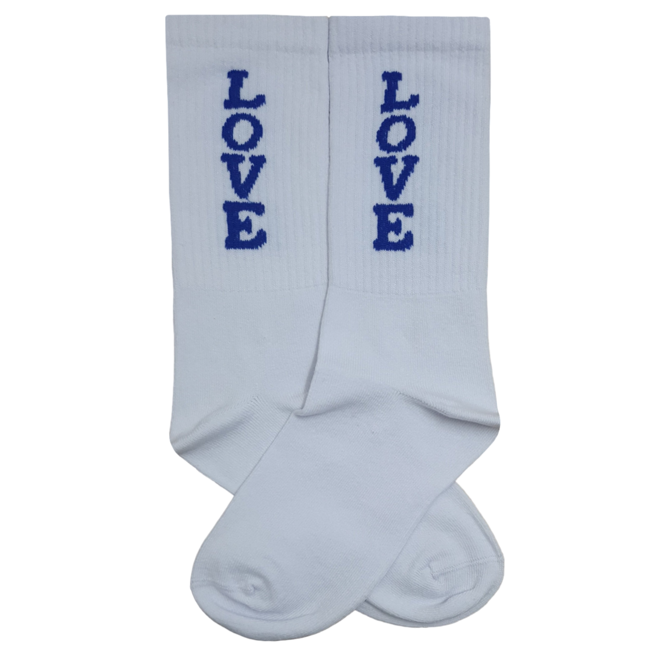 Pair of white mid-calf tennis socks with blue "LOVE" text embroidery and a ribbed texture.
