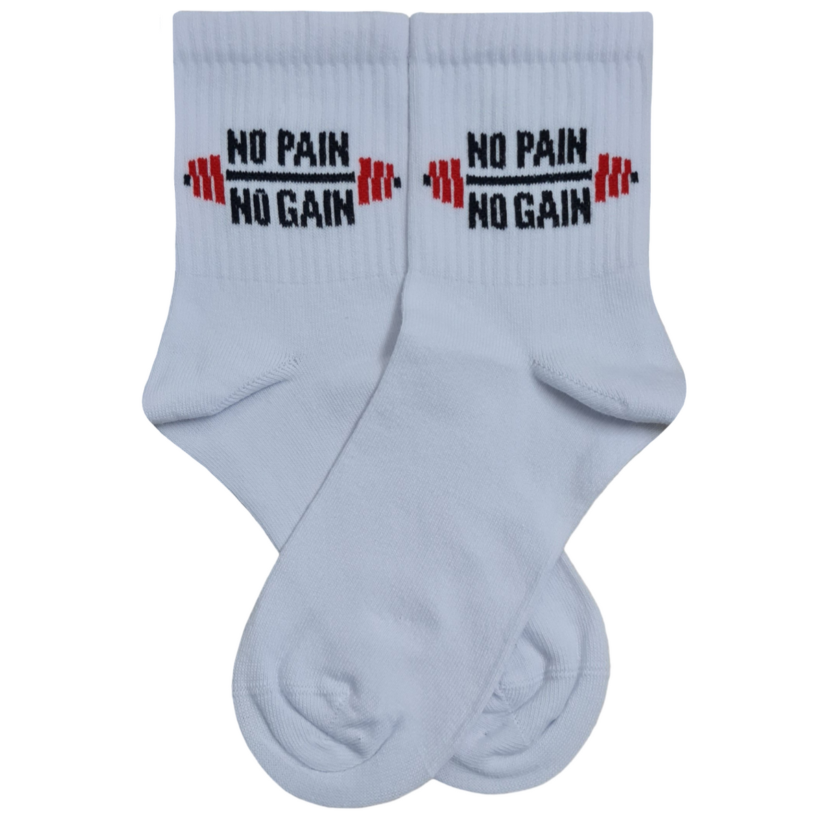 White quarter crew athletic socks featuring a red barbell graphic and the motivational black text "NO PAIN NO GAIN" stitched on the upper ribbing.