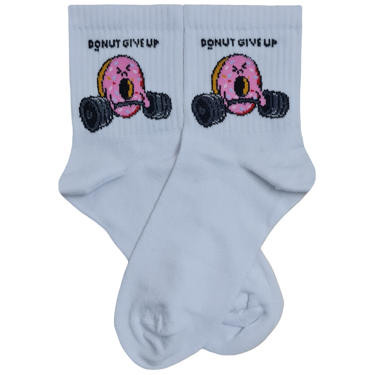 White quarter crew athletic socks featuring a pink-frosted cartoon donut with an angry face lifting a black barbell, with the text "DONUT GIVE UP" stitched above.