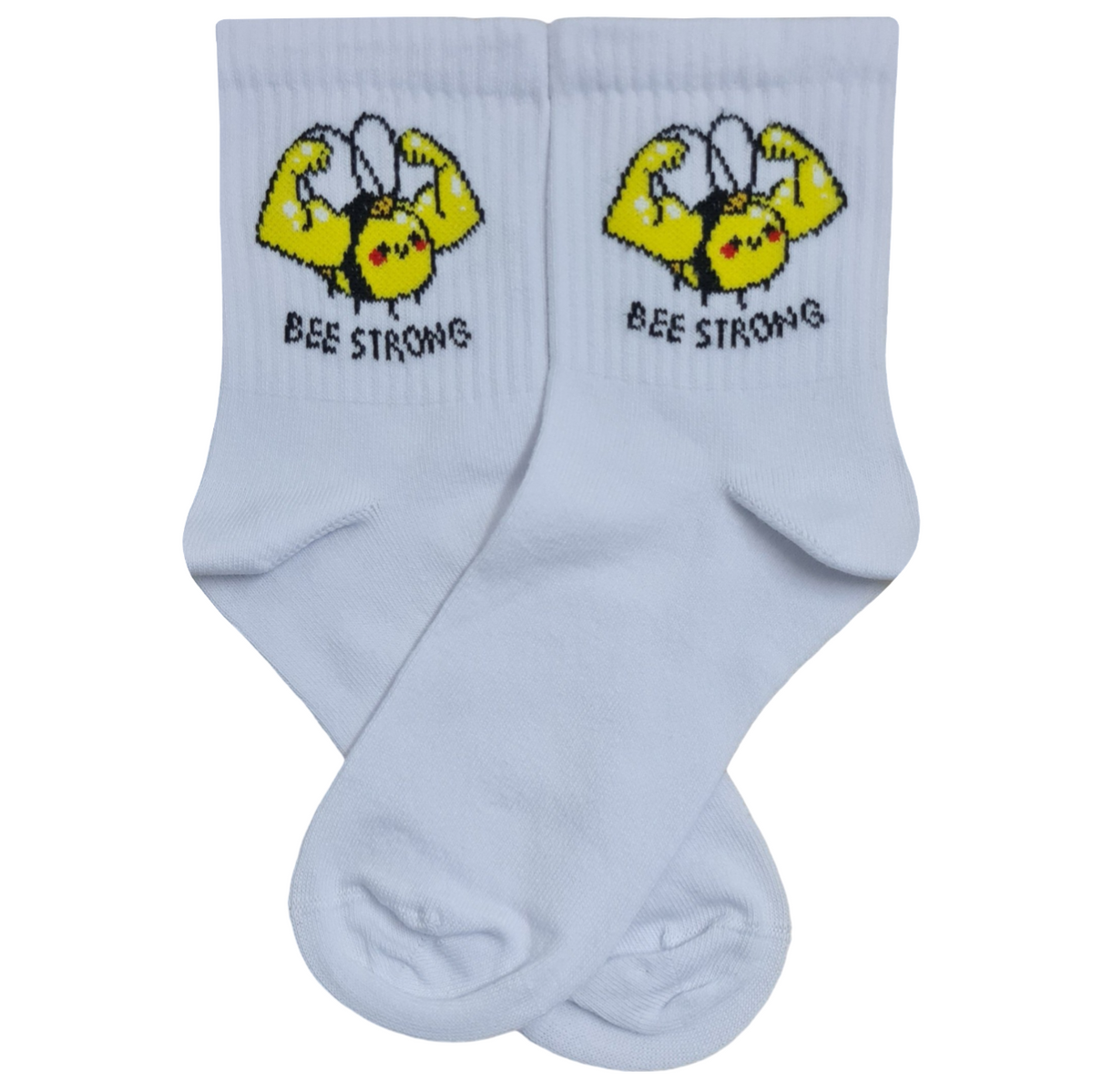 White quarter crew athletic socks featuring a cute cartoon bumblebee with muscular, flexing arms, with the text "BEE STRONG" stitched right underneath the graphic.