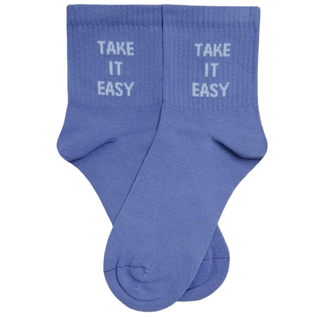 Blue quarter crew socks featuring the text "TAKE IT EASY" knitted in a light gray block font on the ankle.