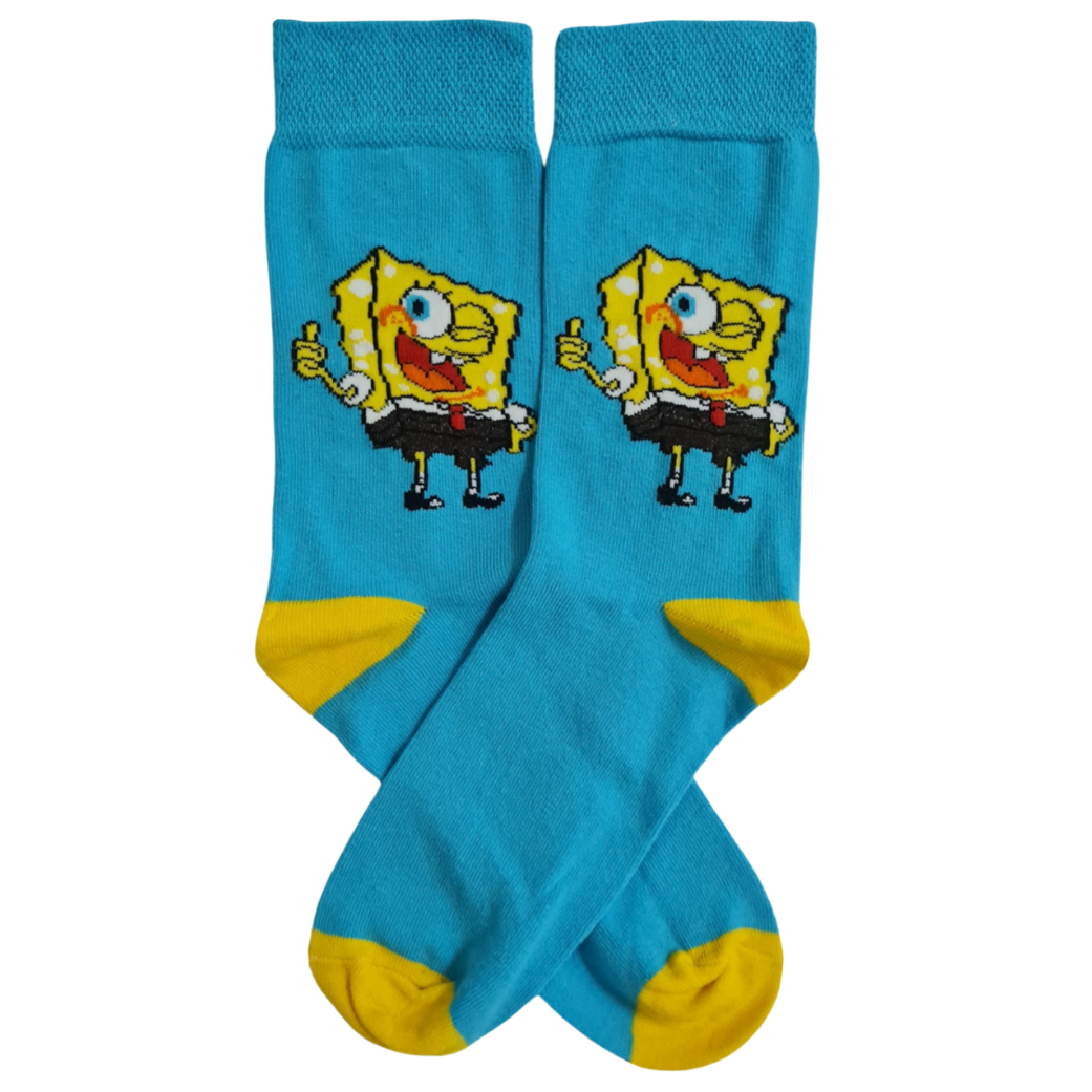 A pair of blue socks with cartoon character SpongeBob SquarePants printed on them.